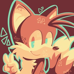 Size: 736x736 | Tagged: safe, artist:zoiby, miles "tails" prower, brown background, classic tails, limited palette, looking at viewer, signature, simple background, smile, solo, v sign