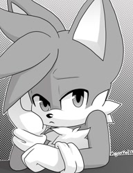Size: 736x960 | Tagged: safe, artist:squorkal17, miles "tails" prower, :<, abstract background, frown, greyscale, head rest, lidded eyes, monochrome, outline, signature, solo, table