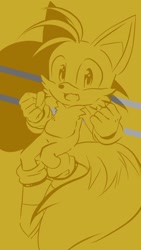 Size: 1080x1920 | Tagged: safe, artist:icy-cream-24, miles "tails" prower, 2016, abstract background, clenched fists, fangs, line art, looking at viewer, mouth open, smile, solo