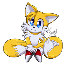Size: 867x744 | Tagged: safe, artist:gssky, miles "tails" prower, 2015, chibi, commission, cute, looking at viewer, signature, simple background, sitting, smile, tailabetes, transparent background
