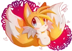 Size: 736x526 | Tagged: dead source, safe, artist:sonicaimblu19, miles "tails" prower, abstract background, blushing, cute, hands behind back, heart, signature, smile, solo, standing, tailabetes