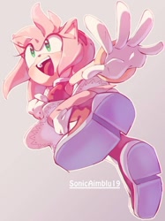 Size: 736x983 | Tagged: safe, artist:sonicaimblu19, amy rose, blushing, gradient background, looking up, mouth open, signature, smile, solo