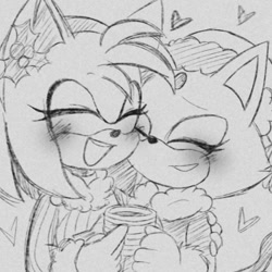 Size: 1080x1080 | Tagged: safe, artist:nbysamuuss, amy rose, blaze the cat, cat, hedgehog, 2023, amy x blaze, blushing, cute, eyes closed, female, females only, hearts, hot cocoa, lesbian, shipping, sketch, smile, winter