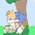 Size: 1000x1000 | Tagged: safe, artist:koreen_tutku01, miles "tails" prower, sonic the hedgehog, chao, 2023, abstract background, blushing, chao garden, eyes closed, frown, gay, grass, hugging from behind, kneeling, neutral chao, outdoors, shipping, sitting, sonic x tails, tree, trio, under a tree