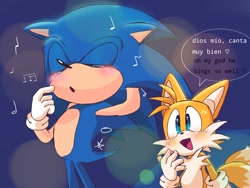 Size: 1024x768 | Tagged: safe, artist:giaoux, miles "tails" prower, sonic the hedgehog, 2023, abstract background, admiration, cute, dialogue, duo, english text, eyes closed, floppy ears, gay, looking at them, musical note, musical notes, shipping, singing, smile, sonic x tails, spanish text, speech bubble, standing, tailabetes, translation
