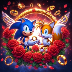 Size: 1024x1024 | Tagged: safe, ai art, miles "tails" prower, sonic the hedgehog, 2023, abstract background, duo, flower, gay, looking at viewer, prompter:foxdelfi, ring, rose, shipping, smile, sonic x tails