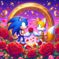 Size: 1024x1024 | Tagged: safe, ai art, miles "tails" prower, sonic the hedgehog, 2023, abstract background, duo, flower, gay, holding something, looking at each other, offering flower, petals, prompter:foxdelfi, ring, rose, shipping, smile, sonic x tails