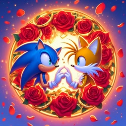 Size: 1024x1024 | Tagged: safe, ai art, miles "tails" prower, sonic the hedgehog, 2023, abstract background, duo, flower, gay, heart, holding hands, looking at each other, petals, prompter:foxdelfi, ring, rose, shipping, sonic x tails