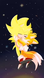 Size: 720x1280 | Tagged: safe, artist:giaoux, miles "tails" prower, sonic the hedgehog, super sonic, 2023, abstract background, crying, duo, eyes closed, frown, gay, holding each other, hugging, nighttime, outdoors, shipping, shooting star, signature, sonic x tails, star (sky), super form, tears