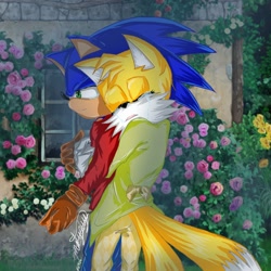 Size: 1378x1378 | Tagged: safe, artist:matialvycruz, miles "tails" prower, sonic the hedgehog, 2023, abstract background, alternate universe, brown gloves, chaos emerald, clothes, crying, duo, eyes closed, fanfiction art, flower, frown, gay, hugging from behind, outdoors, shipping, signature, sonic x tails, standing, tears, window