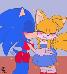 Size: 1080x1200 | Tagged: safe, artist:riri_galpal, miles "tails" prower, sonic the hedgehog, 2023, crop top, dress, duo, eyes closed, gender swap, holding them, kiss on cheek, lesbian, r63 shipping, shipping, shorts, signature, smile, sonic x tails, sparkles, standing, wagging tail