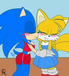 Size: 1080x1200 | Tagged: safe, artist:riri_galpal, miles "tails" prower, sonic the hedgehog, 2023, alternate version, crop top, dress, duo, eyes closed, flat colors, gender swap, holding them, kiss on cheek, lesbian, r63 shipping, shipping, shorts, signature, smile, sonic x tails, standing, wagging tail
