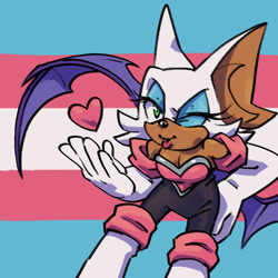 Size: 810x810 | Tagged: safe, artist:sharpedgedfool, rouge the bat, headcanon, heart, icon, looking offscreen, pride, pride flag, pride flag background, solo, trans female, trans pride, transgender, wink