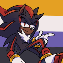 Size: 810x810 | Tagged: safe, artist:sharpedgedfool, shadow the hedgehog, headcanon, icon, lidded eyes, looking at viewer, nonbinary, nonbinary pride, pointing, pride, pride flag, pride flag background, smile, solo