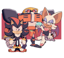 Size: 2048x1872 | Tagged: safe, artist:ruviart, e-123 omega, rouge the bat, shadow the hedgehog, abstract background, chaos emerald, cute, frown, holding something, omegabetes, one fang, robot, rougabetes, shadowbetes, signature, smile, team dark, trio