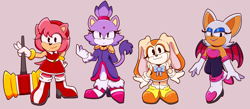 Size: 2048x896 | Tagged: safe, artist:basesandbadniksposting, amy rose, blaze the cat, cream the rabbit, rouge the bat, frown, group, holding something, looking at viewer, piko piko hammer, pink background, simple background, smile, standing
