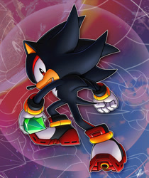 Size: 1052x1253 | Tagged: safe, artist:tyler mcgrath, shadow the hedgehog, sonic adventure 2, abstract background, chaos emerald, frown, looking at viewer, outline, solo, standing