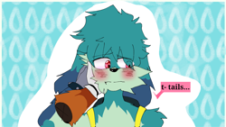Size: 1280x720 | Tagged: safe, artist:raoutlook, kit the fennec, miles "tails" prower, abstract background, blushing, dialogue, disembodied arm, duo, eye clipping through hair, fluffy, frown, gay, hand on another's face, kitails, looking away, offscreen character, outline, shipping, solo focus, speech bubble