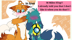 Size: 1280x720 | Tagged: safe, artist:raoutlook, kit the fennec, miles "tails" prower, abstract background, blushing, cross popping vein, cute, dialogue, duo, english text, floppy ears, fluffy, gay, heart tail, kitails, looking at each other, outline, petting, shipping, standing, wagging tail