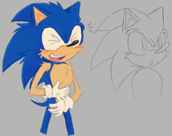 Size: 680x539 | Tagged: safe, artist:chaoparks, sonic the hedgehog, blushing, cheek fluff, chest fluff, eyes closed, grey background, laughing, line art, shoulder fluff, simple background, sketch, solo, standing
