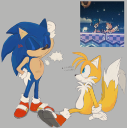 Size: 676x680 | Tagged: safe, artist:chaoparks, miles "tails" prower, sonic the hedgehog, blushing, cross popping vein, duo, gay, grey background, looking at them, redraw, reference inset, shipping, simple background, sitting, smile, sonic advance 3, sonic x tails, standing