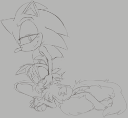 Size: 680x631 | Tagged: safe, artist:chaoparks, miles "tails" prower, sonic the hedgehog, barefoot, duo, eyes closed, gay, gloves off, grey background, line art, looking at them, shipping, simple background, sleeping, smile, sonic x tails