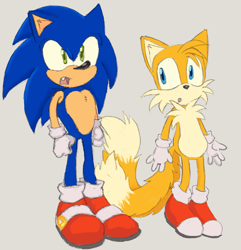 Size: 620x643 | Tagged: safe, artist:chaoparks, miles "tails" prower, sonic the hedgehog, chest fluff, duo, grey background, looking ahead, looking at them, mouth open, one fang, simple background, standing