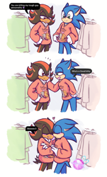 Size: 1233x2048 | Tagged: safe, artist:magicstormfrost, shadow the hedgehog, sonic the hedgehog, abstract background, blushing, cute, dialogue, duo, english text, eyes closed, floppy ears, gay, heart, nuzzle, shadow x sonic, shadowbetes, shipping, sonabetes, speech bubble, standing, sweater, words on a shirt