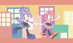 Size: 2048x1210 | Tagged: safe, artist:sugar_milkk, amy rose, blaze the cat, cat, hedgehog, 2021, amy x blaze, cute, female, females only, holding hands, lesbian, mouth open, shipping, walking