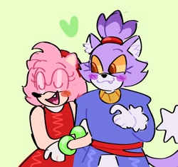 Size: 2048x1913 | Tagged: safe, artist:funionringz, amy rose, blaze the cat, cat, hedgehog, 2020, amy x blaze, amy's halterneck dress, blaze's tailcoat, blushing, cute, eyes closed, female, females only, heart, holding arm, lesbian, mouth open, shipping