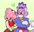 Size: 2048x1913 | Tagged: safe, artist:funionringz, amy rose, blaze the cat, cat, hedgehog, 2020, amy x blaze, amy's halterneck dress, blaze's tailcoat, blushing, clothes, cute, dress, eyes closed, female, females only, heart, holding arm, lesbian, mouth open, shipping