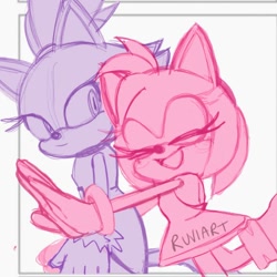 Size: 572x572 | Tagged: safe, artist:ruviart, amy rose, blaze the cat, cat, hedgehog, 2022, amy x blaze, amy's halterneck dress, blaze's tailcoat, cute, eyes closed, female, females only, lesbian, mouth open, shipping, sketch