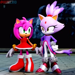 Size: 3840x3840 | Tagged: safe, artist:hunicrio, amy rose, blaze the cat, cat, hedgehog, 2023, 3d, amy x blaze, amy's halterneck dress, blaze's tailcoat, cute, female, females only, lesbian, looking at each other, shipping