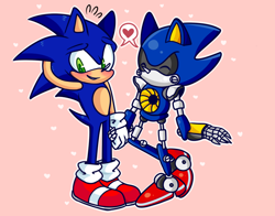 Size: 892x700 | Tagged: safe, artist:ribbzey, metal sonic, sonic the hedgehog, 2016, black sclera, blushing, commission, cute, duo, gay, heart, holding hands, metalbetes, metonic, outline, pink background, shipping, simple background, smile, sonabetes