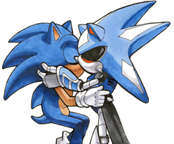 Size: 1670x1385 | Tagged: safe, artist:theenigmamachine, metal sonic, neo metal sonic, 2018, black sclera, duo, eyes closed, gay, holding each other, kiss, metonic, shipping, sitting, traditional media