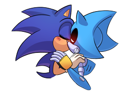 Size: 1600x1200 | Tagged: safe, artist:theenigmamachine, metal sonic, sonic the hedgehog, 2020, blushing, bust, duo, eyes closed, gay, glowing eyes, holding each other, kiss, metonic, robot, shipping, simple background, transparent background