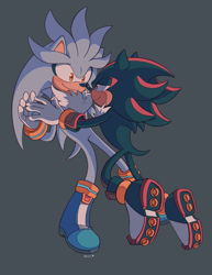Size: 2550x3300 | Tagged: safe, artist:bdugo7, shadow the hedgehog, silver the hedgehog, 2021, blushing, commission, gay, grey background, holding hands, lidded eyes, looking at each other, shadow x silver, shipping, signature, simple background, smile