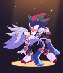 Size: 2869x3300 | Tagged: safe, artist:bdugo7, shadow the hedgehog, silver the hedgehog, 2022, abstract background, commission, dancing, duo, frown, gay, holding them, looking at each other, shadow x silver, shipping, spotlight