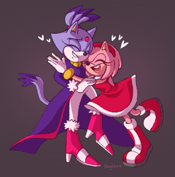 Size: 889x900 | Tagged: safe, artist:bdugo7, amy rose, blaze the cat, 2017, amy x blaze, cute, duo, eyes closed, heart, hugging, lesbian, mouth open, purple background, shipping, signature, simple background, smile