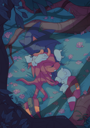 Size: 2480x3508 | Tagged: safe, artist:bdugo7, knuckles the echidna, sonic the hedgehog, 2021, abstract background, duo, eyes closed, flower, gay, grass, holding each other, knuxonic, leaf, nighttime, outdoors, shipping, sleeping, snuggling, tree