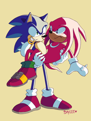 Size: 1500x2000 | Tagged: safe, artist:bdugo7, knuckles the echidna, sonic the hedgehog, 2019, blushing, carrying them, gay, knuxonic, looking at each other, mouth hold, ring, shipping, signature, simple background, standing, wink, yellow background