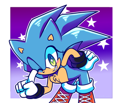 Size: 2600x2200 | Tagged: safe, artist:k3llywolfarts, sonic the hedgehog, 2023, abstract background, alternate universe, au:resonance, bending over, blushing, boots, chest fluff, commission, eyelashes, hand on hip, heart chest, looking at viewer, nonbinary, outline, pointing, smile, solo, star (symbol), wink