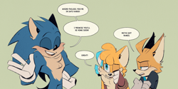 Size: 2715x1357 | Tagged: safe, artist:lanzo123, miles "tails" prower, nine, sails, sonic the hedgehog, sonic prime, 2023, dialogue, english text, green background, self paradox, simple background, speech bubble, trio