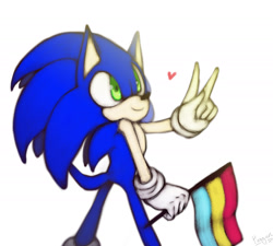 Size: 2000x1799 | Tagged: safe, artist:pirog-art, sonic the hedgehog, 2018, flag, heart, holding something, looking up, pansexual, pansexual pride, pride, pride flag, signature, simple background, smile, v sign, white background