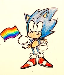Size: 2236x2592 | Tagged: safe, artist:chazum, sonic the hedgehog, 2017, classic sonic, flag, gay pride, holding something, looking offscreen, pride, pride flag, sketch, smile, standing, traditional media