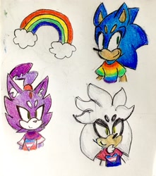 Size: 2296x2592 | Tagged: safe, artist:chazum, blaze the cat, silver the hedgehog, sonic the hedgehog, 2017, beanbrows, bisexual, bisexual pride, clouds, gay, gay pride, headcanon, lesbian, lesbian pride, pride, pride flag, rainbow, shirt, smile, traditional media, trans female, trans male, trans pride, transgender, trio
