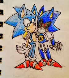 Size: 2618x2933 | Tagged: safe, artist:chazum, metal sonic, sonic the hedgehog, 2017, arm around shoulders, black sclera, cute, duo, eyes closed, gay, glowing eyes, metalbetes, metonic, robot, shipping, sketch, smile, sonabetes, standing, traditional media
