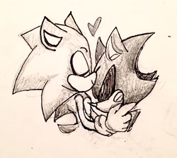 Size: 2591x2323 | Tagged: safe, artist:chazum, metal sonic, sonic the hedgehog, 2017, black sclera, bust, cute, duo, eyes closed, gay, greyscale, heart, holding them, kiss on head, looking at them, metonic, robot, shipping, sketch, smile, sonabetes, traditional media