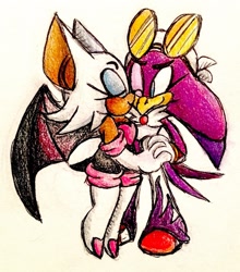 Size: 1128x1280 | Tagged: safe, artist:chazum, rouge the bat, wave the swallow, 2018, duo, holding hands, kiss on cheek, lesbian, looking at them, one eye closed, shipping, smile, standing, traditional media, wavouge