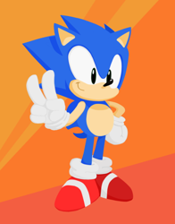 Size: 500x639 | Tagged: safe, artist:chazum, sonic the hedgehog, abstract background, classic sonic, hand on hip, looking offscreen, no outlines, smile, solo, standing, v sign